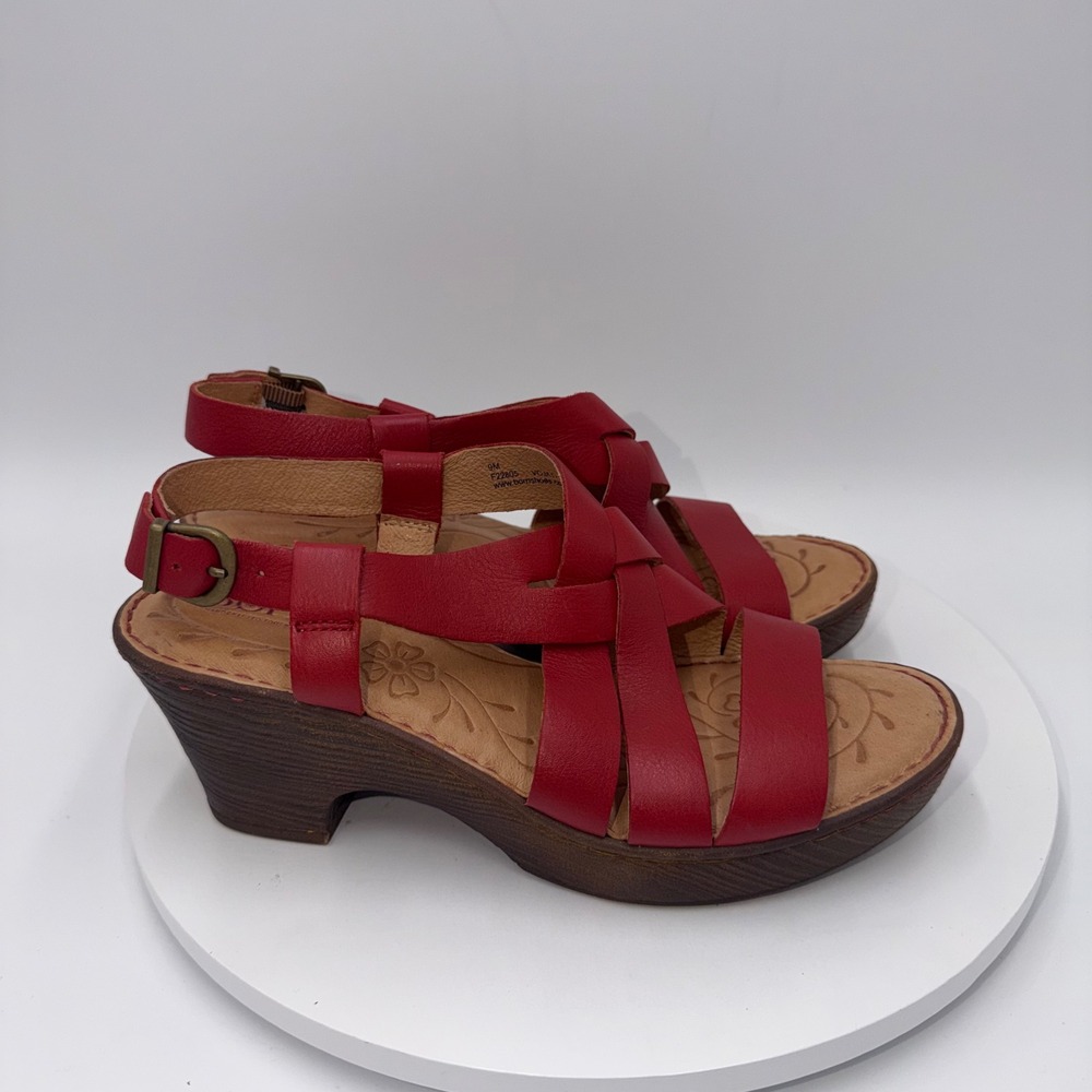 Born Carmo Red Leather Strappy Wedge Sandals Womens 9M - Picture 2 of 8